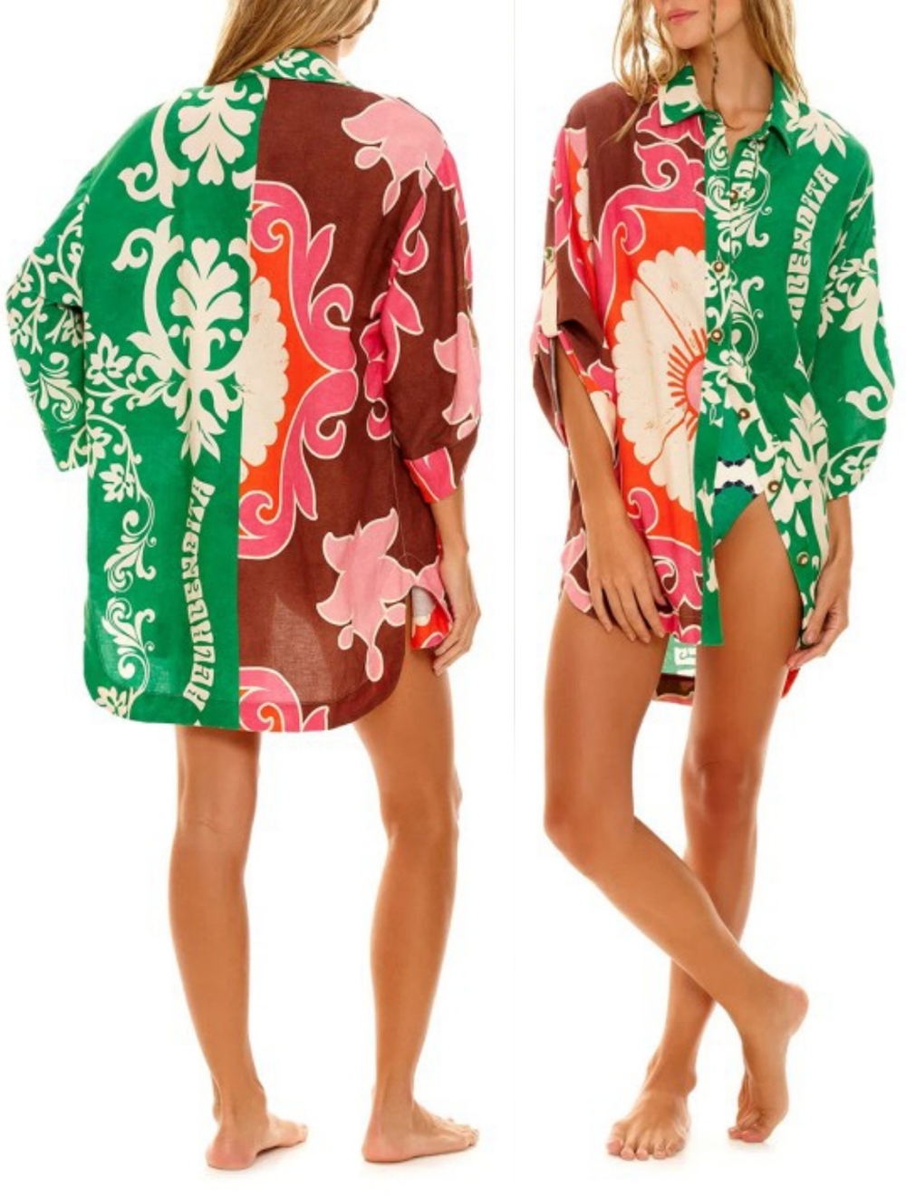 Agua Bendita Chrissy Eames Shirt Sz M Pink Green Fun Tunic Coverup Linen Cotton